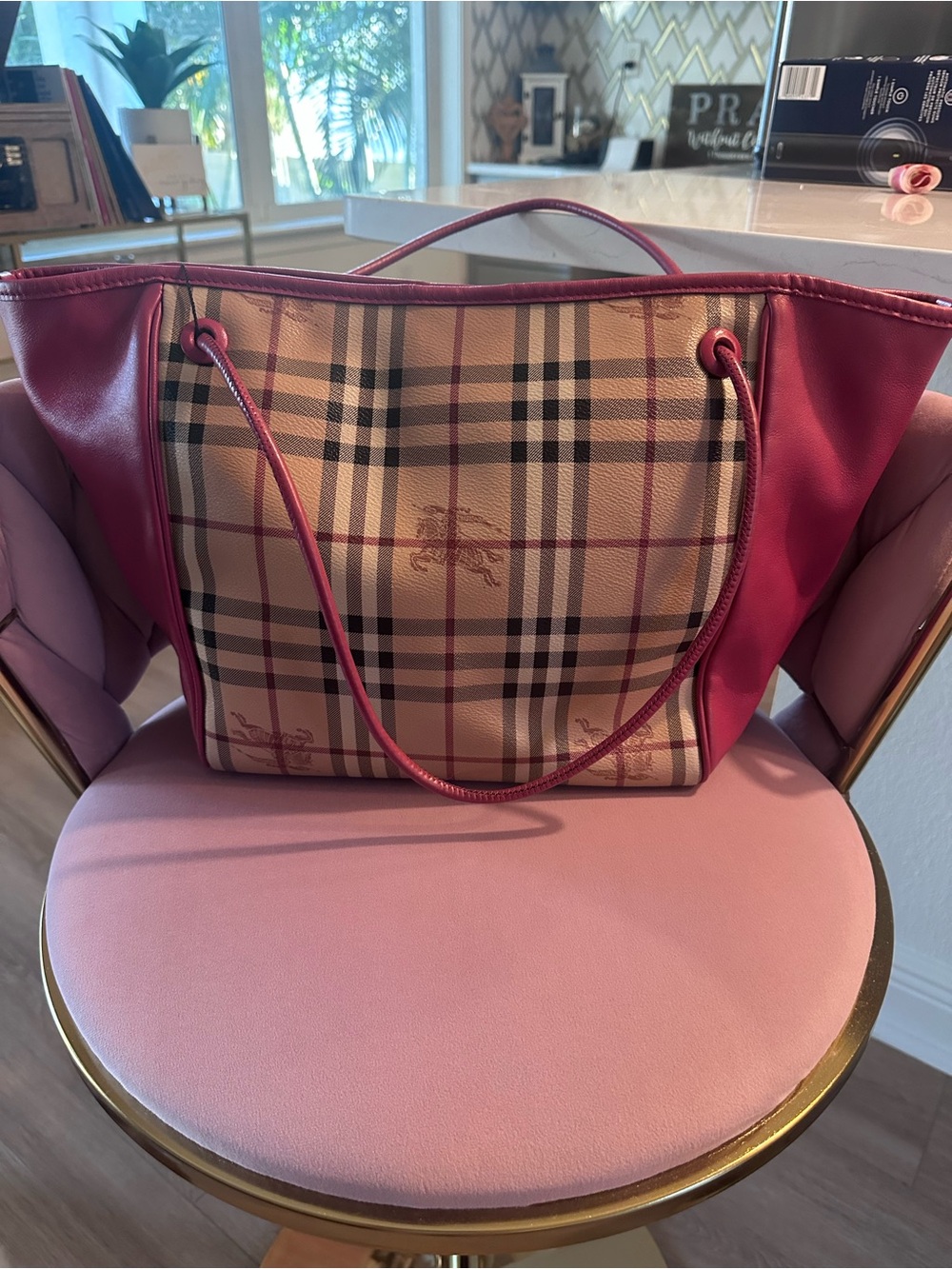 Burberry Beige Check Tote with Pink Trim